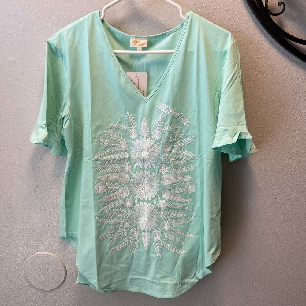 Layerz Clothing Embroidered Top Floral Tee Ruffle Sleeves Mint Green